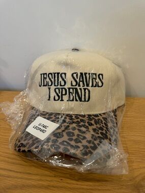Zenana Outfitters Cream Cap with Leopard Print Brim -Jesus Saves I Spend